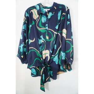 Chico's 2 Women Size 12 Navy Teal Abstract Floral Tie-Front Boho Chiffon Blouse
